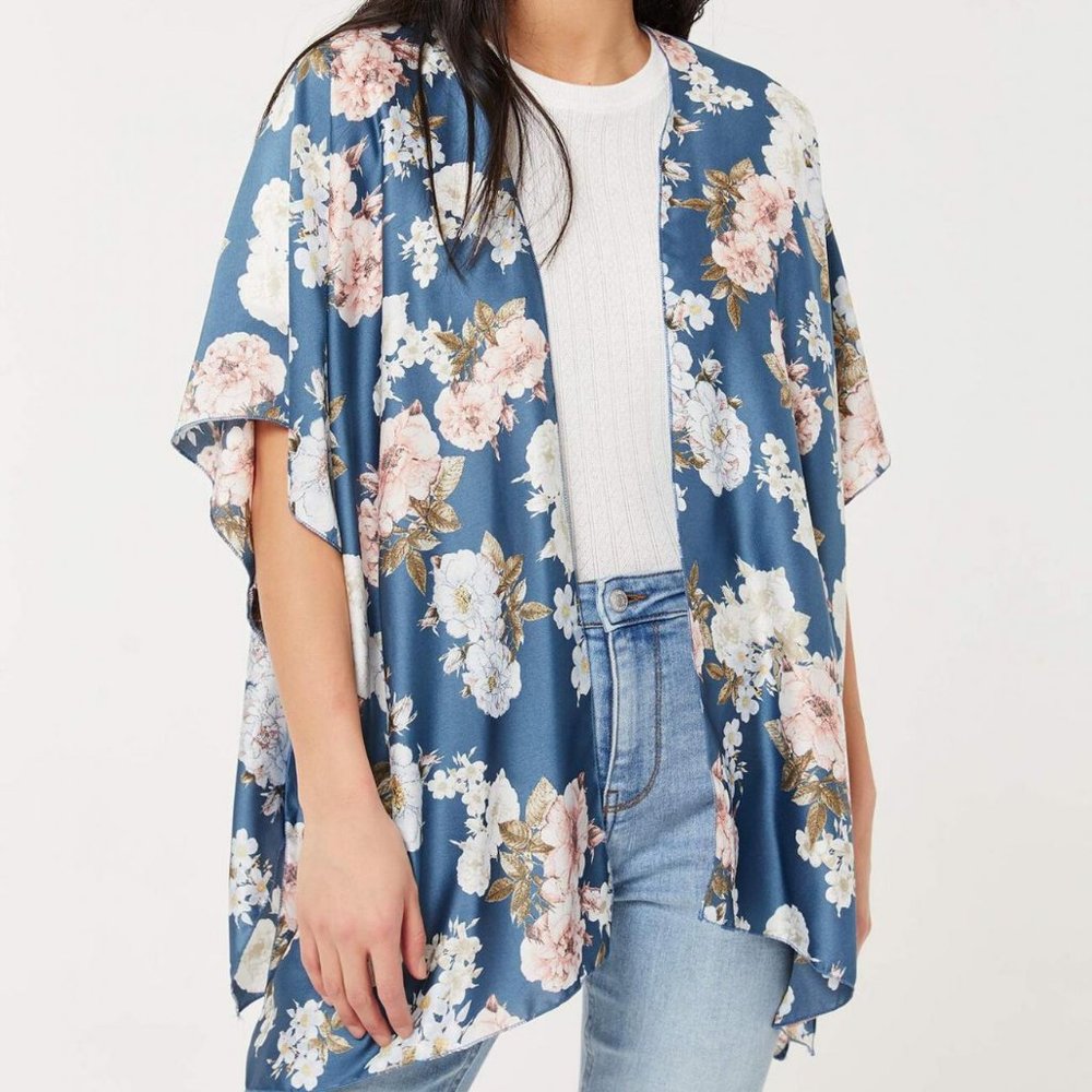 Ardene Light Floral Kimono Blue Women's Wrap Swim Coverup Poncho
